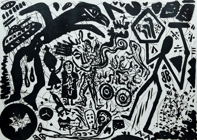 Artwork by A.R. Penck,  Zum Thema Verteidigung (Topic of Defense)