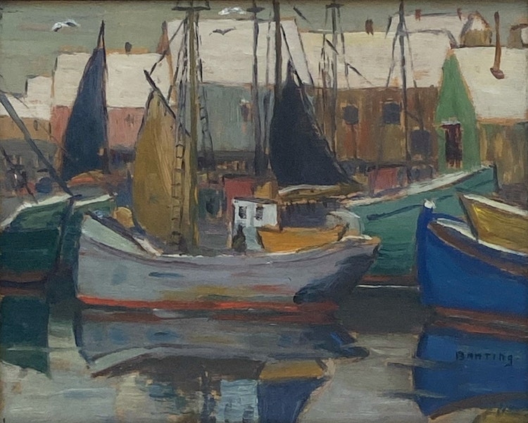 Artwork by Frederick Grant Banting,  Ships in Harbour, Gloucester, Mass.