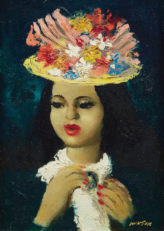 Artwork by William Arthur Winter, Woman in a Flower-Covered Hat