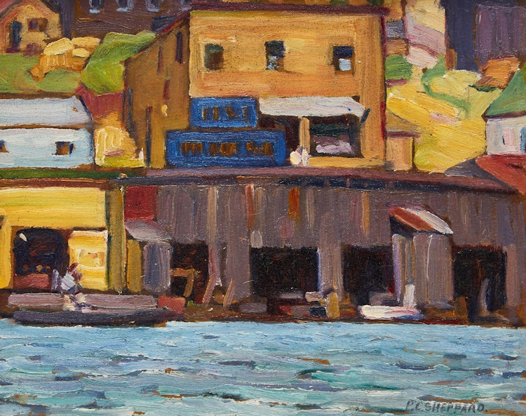 Artwork by Peter Clapham Sheppard,  Boathouses, Parry Sound