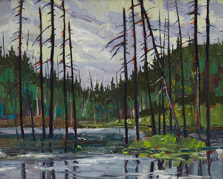 Artwork by Lawrence Nickle,  Swamp North of Hidden Valley, Muskoka; Fast Water - Oxtonge River