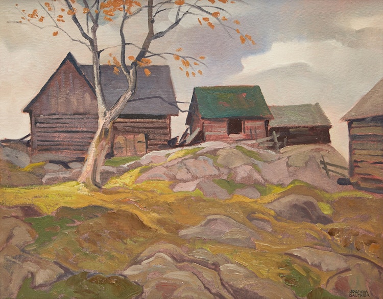 Artwork by Joachim George Gauthier, Pioneer Farm - Near Barry’s Bay, Ontario; Morning Haze - Greenan Lake
