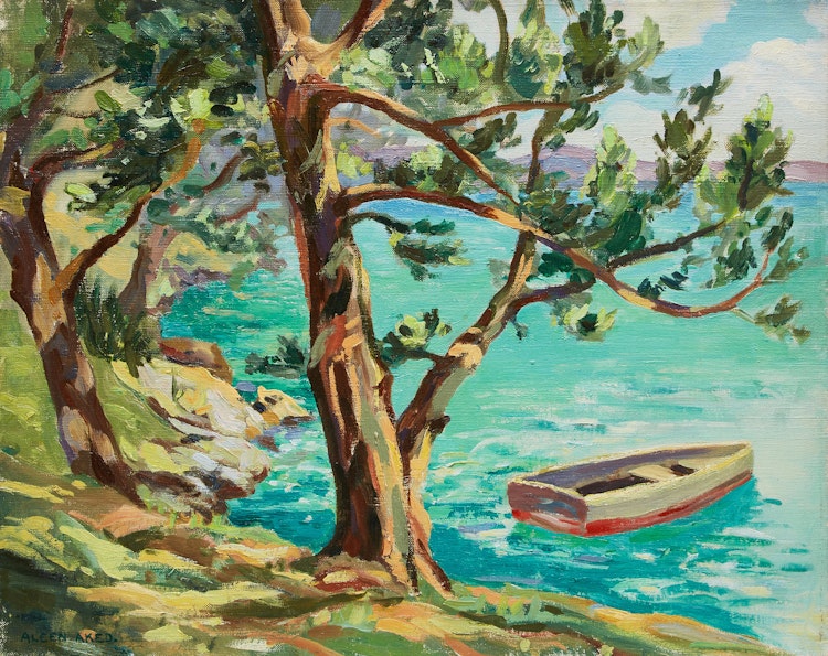 Artwork by Aleen Elizabeth Aked,  Rowboat by the Shore; Two Sailboats in an Inlet