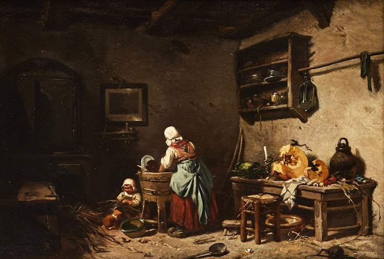 Artwork by Charles Hoguet,  Interior of a Kitchen