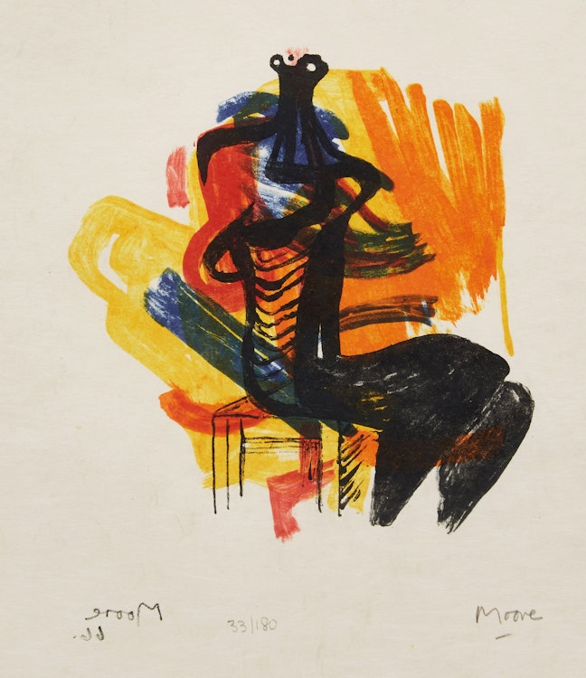 Artwork by Henry Moore, Black Seated Figure on Orange Background (CGM 80)