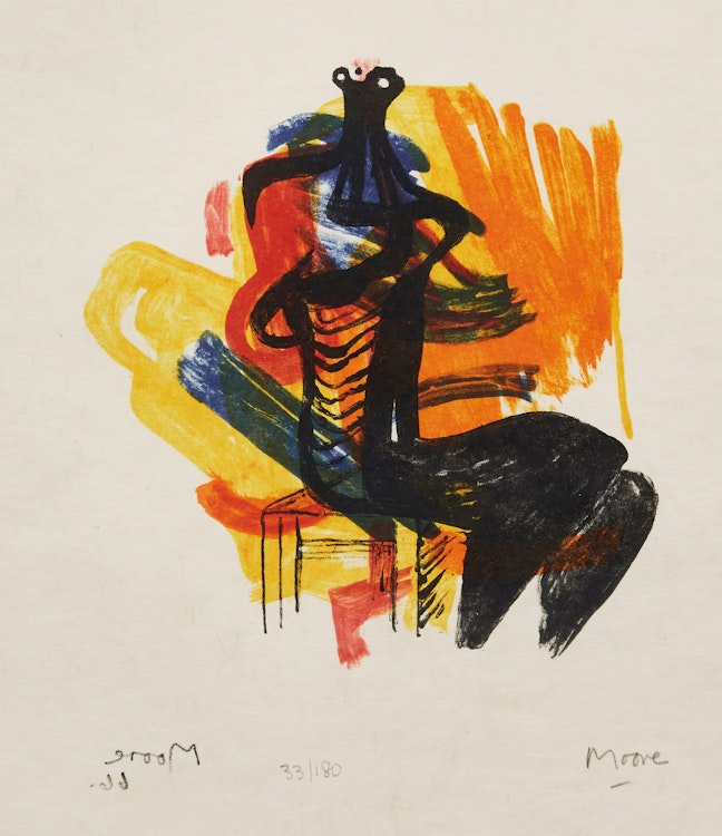 Artwork by Henry Moore,  Black Seated Figure on Orange Background (CGM 80)