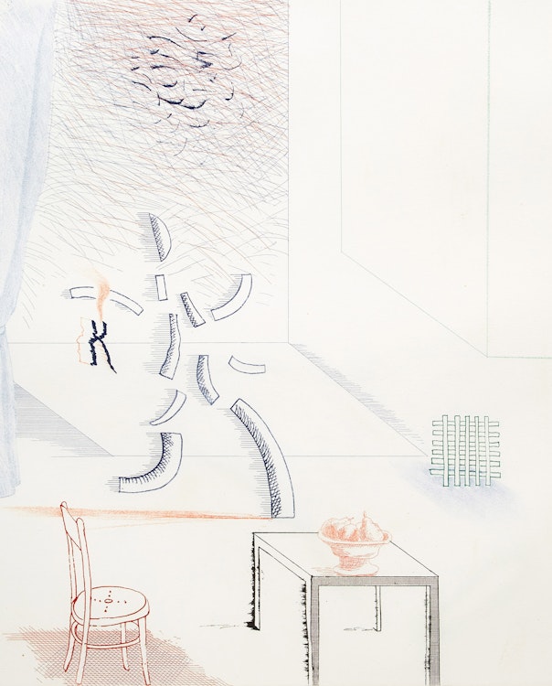 Artwork by David Hockney, Tick It, Tock It, Turn It True (Pl. 15 from the Blue Guitar) (S.A.C. 213)