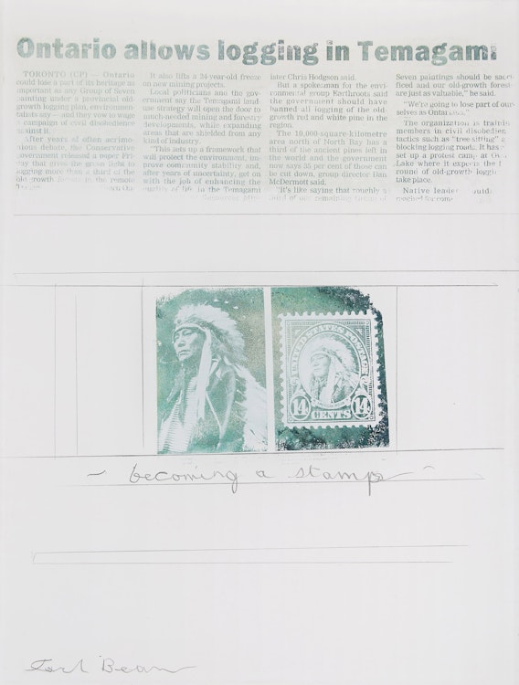 Artwork by Carl Beam,  Becoming a Stamp; Letter to God