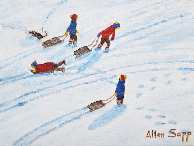 Artwork by Allen Sapp,  Children Sledding 