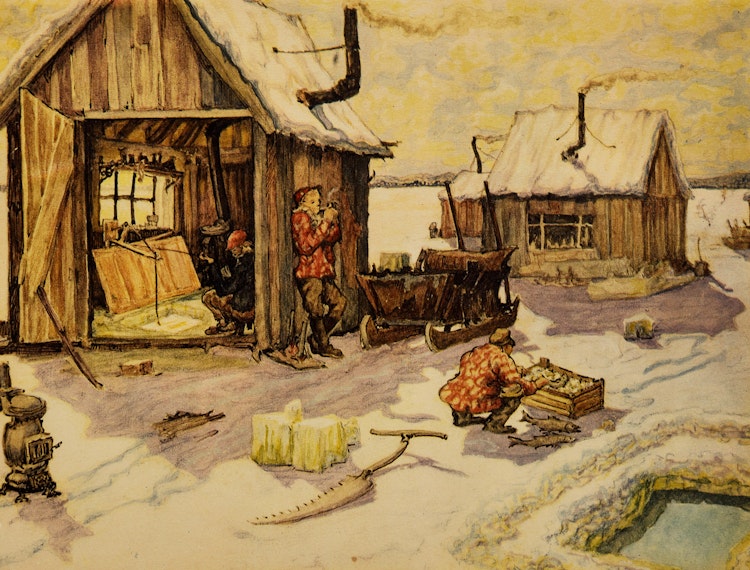 Artwork by Nicholas Hornyansky, Ice Shanties on a Bright Day; Niagara, Horseshoe Falls; Windmills on the Richelieu