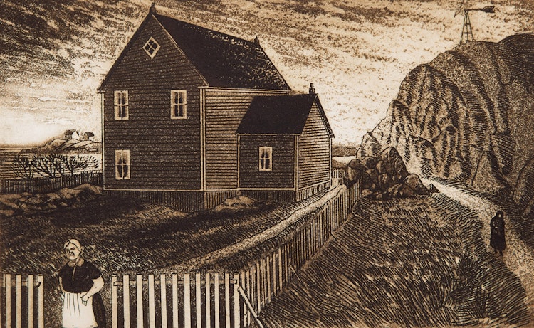 Artwork by David Lloyd Blackwood, Gram Glover’s House on Bragg’s Island