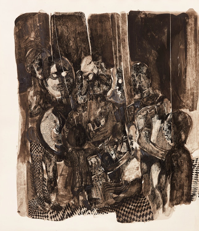 Artwork by Gerald Leopold Squires, Untitled Abstraction (Triptych); Portrait of Two Figures; Sketch of a Man; Sketch of a Woman