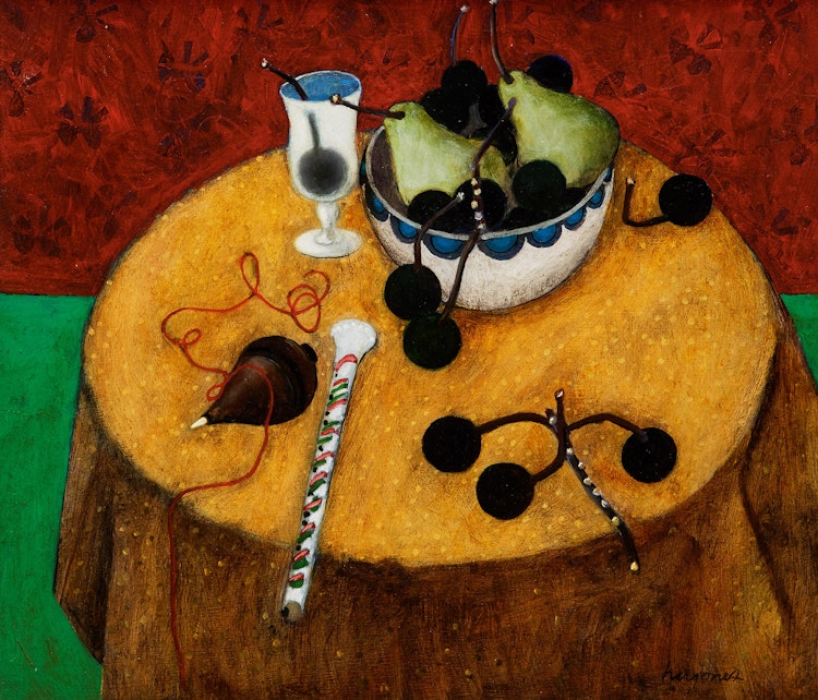 Artwork by Henry Wanton Jones, Yellow-Topped Table, Pears and Grapes in Bowl