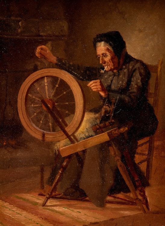 Artwork by William Raphael,  Old Lady Spinning