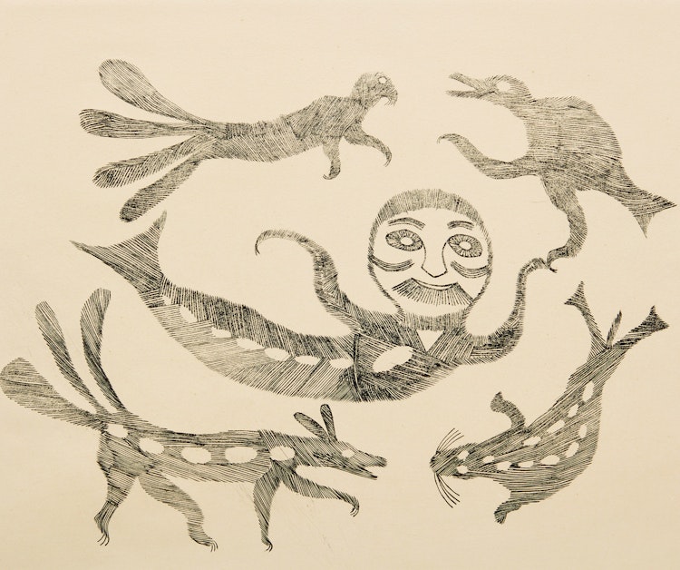 Artwork by Johnniebo Ashevak, Nuliauk and Sea Spirits