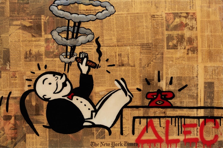 Artwork by Alec Monopoly,  Smoking Monopoly Man