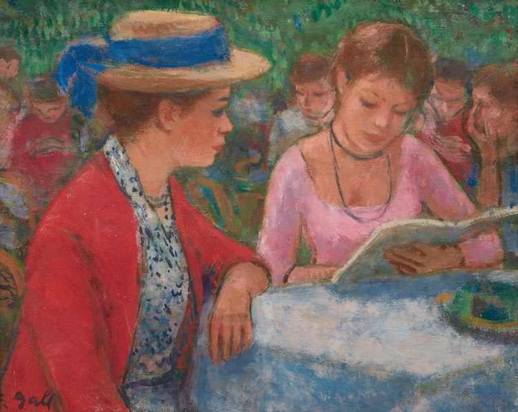 Artwork by François Gall,  Eugénie et Elizabeth-Anne, lecture du menu champêtre à la terrasse