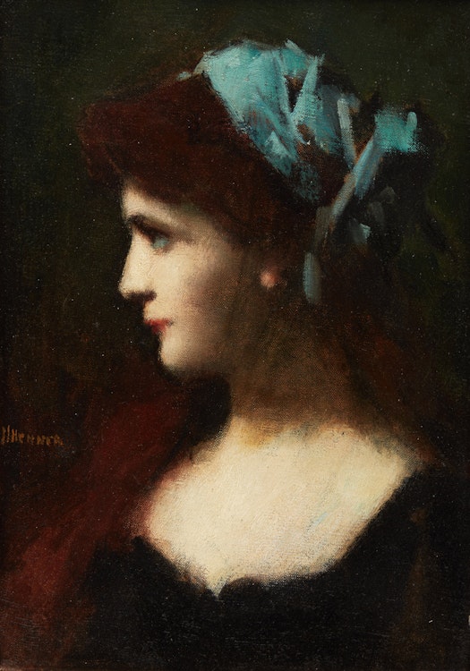 Artwork by Jean Jacques Henner,  Portrait of a Woman with a Blue Scarf