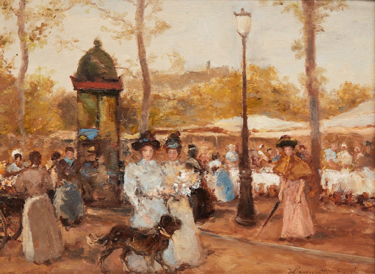 Artwork by Egisto Lancerotto, Promenade, deux dames et un chien