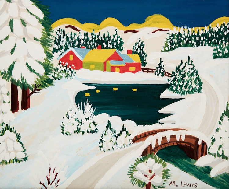 Artwork by Maud Lewis, Village in Winter (Stone Bridge in Winter)