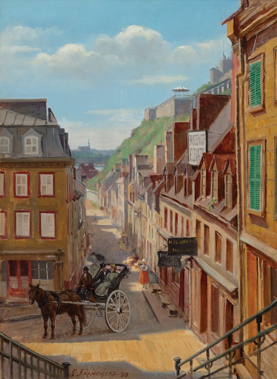 Artwork by Joseph-Charles Franchère,  La Fiacre, Rue Champlain, Quebec City