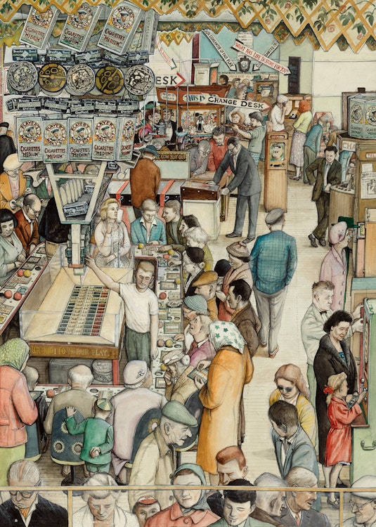 Artwork by William Kurelek,  Streets Pier, Worthing, circa 1957