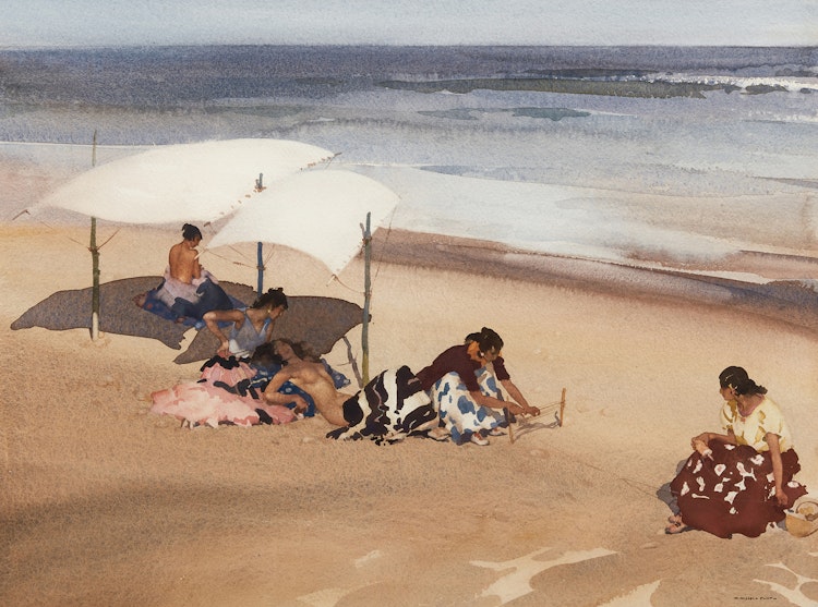 Artwork by Sir William Russell Flint, Gypsies on the Beach at Zarauz (sic)