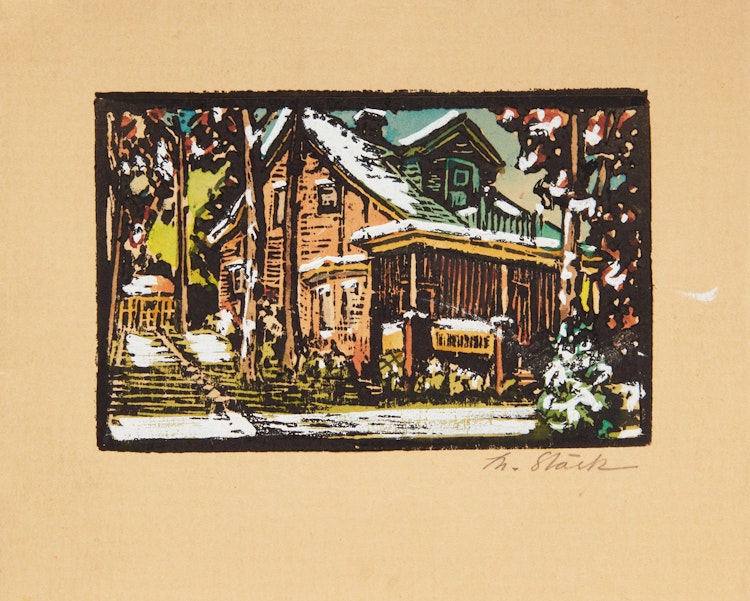 Artwork by Muriel Stark, Merry Christmas; Winter Landscape with Cabin