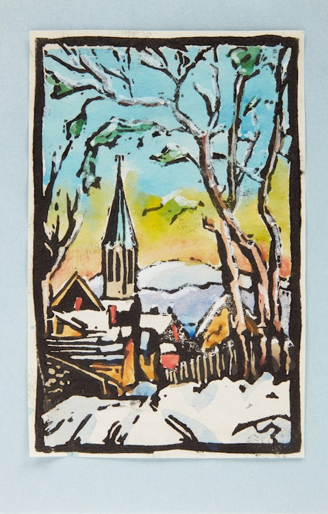 Artwork by Muriel Stark, Cabin Among the Trees; Village in Winter; River in Winter