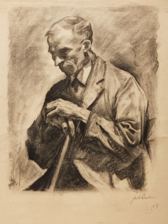 Artwork by Jack Hamilton Bush,  Man Seated, Leaning on a Cane