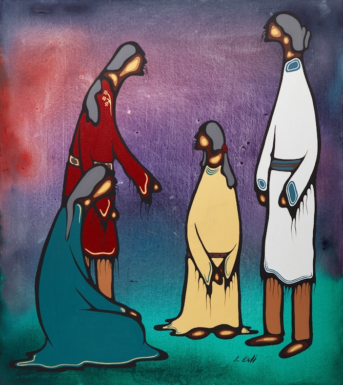 Artwork by Leland Bell, Four Women Helpers