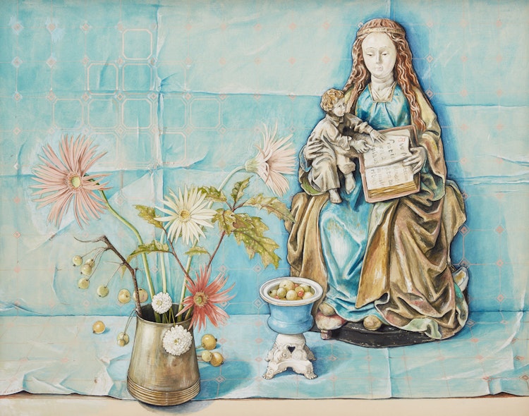 Artwork by William Kurelek, Madonna and Child with Flowers