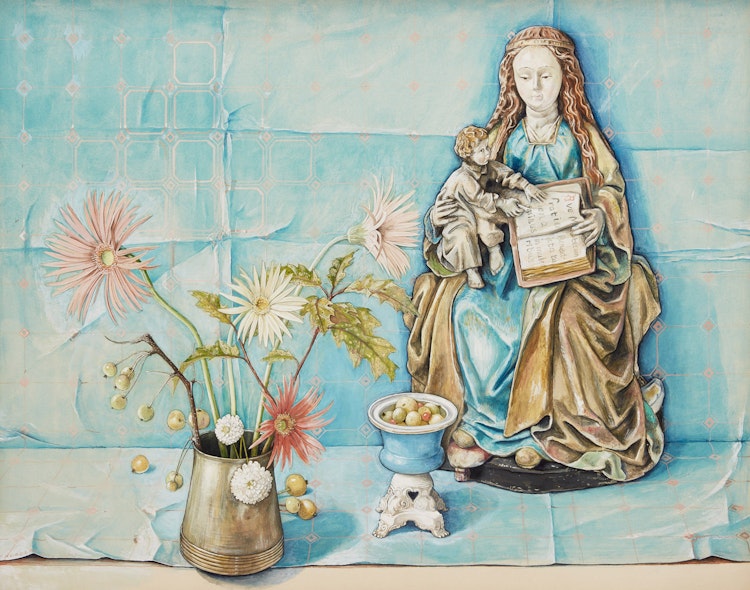 Artwork by William Kurelek,  Madonna and Child with Flowers