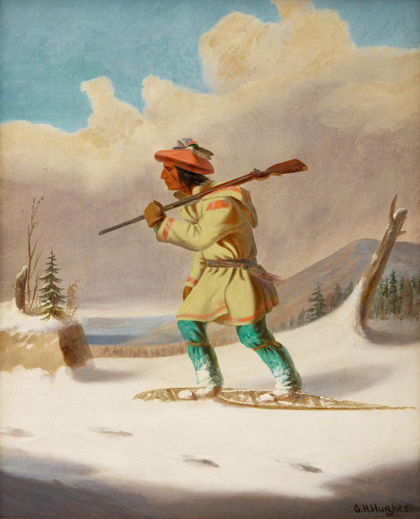 Artwork by George Hart Hughes,  Huron Indian on Snowshoes