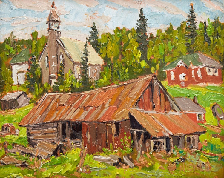 Artwork by Lawrence Nickle,  Priory, Church School and Barn at Chisholm, Ontario; Yellow Maples and Pond