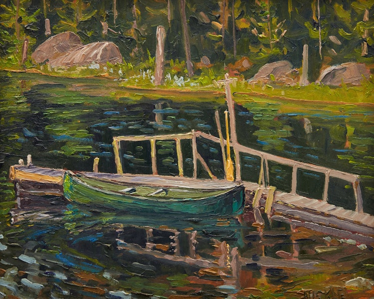 Artwork by Lawrence Nickle, Canoe and Dock at Homestead Studio; Autumn Foliage