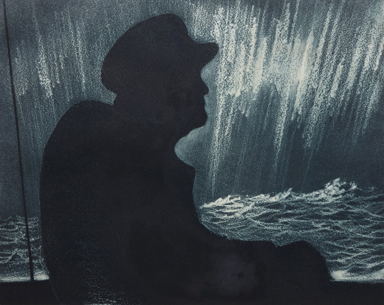 Artwork by David Lloyd Blackwood, Captain Wes Kean on the Bridge of the S.S. Newfoundland