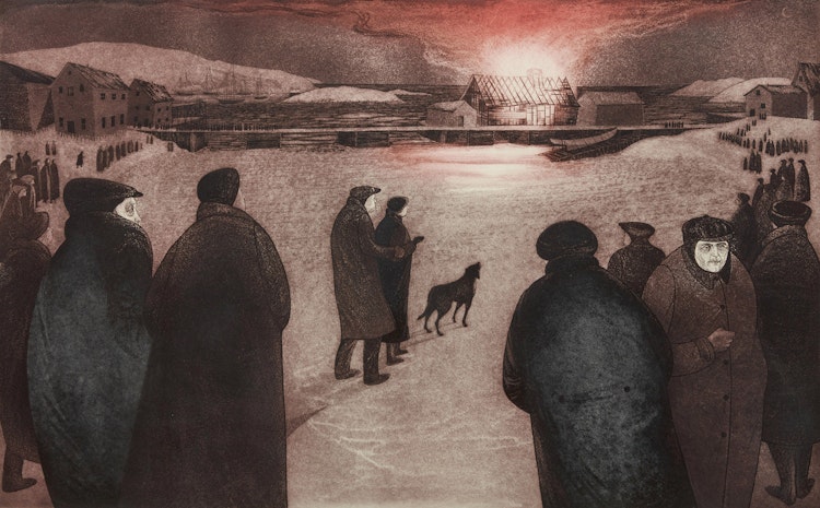 Artwork by David Lloyd Blackwood, The Burning of William Fifield’s Forge