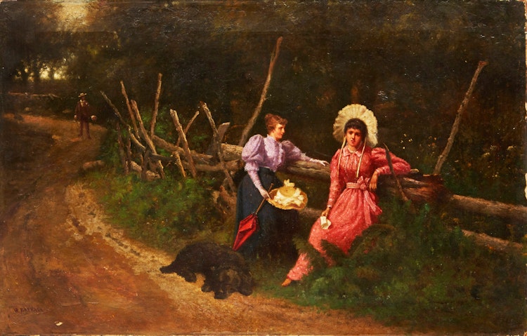 Artwork by William Raphael, Two Young Women and a Dog