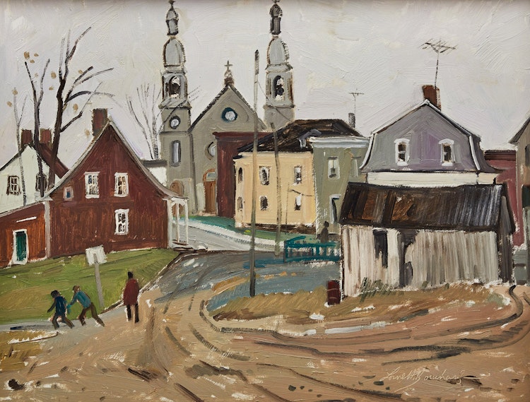 Artwork by George Lorne Holland Bouchard, Village Scene, Comté Yamaska, P.Q.