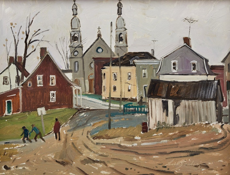 Artwork by George Lorne Holland Bouchard,  Village Scene, Comté Yamaska, P.Q.