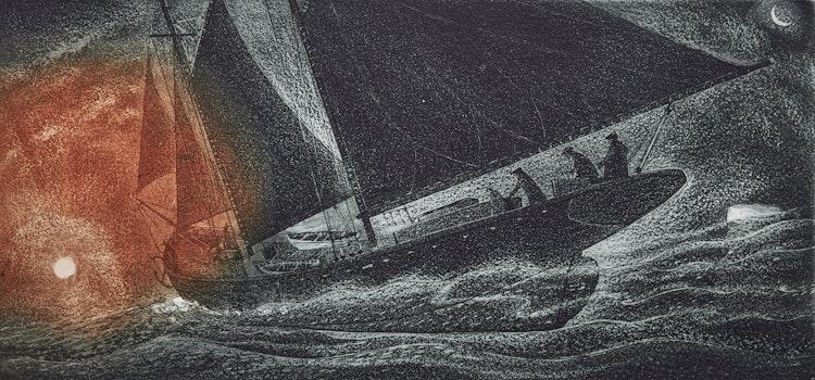 Artwork by David Lloyd Blackwood,  The Flora Nickerson Outward Bound for the Labrador