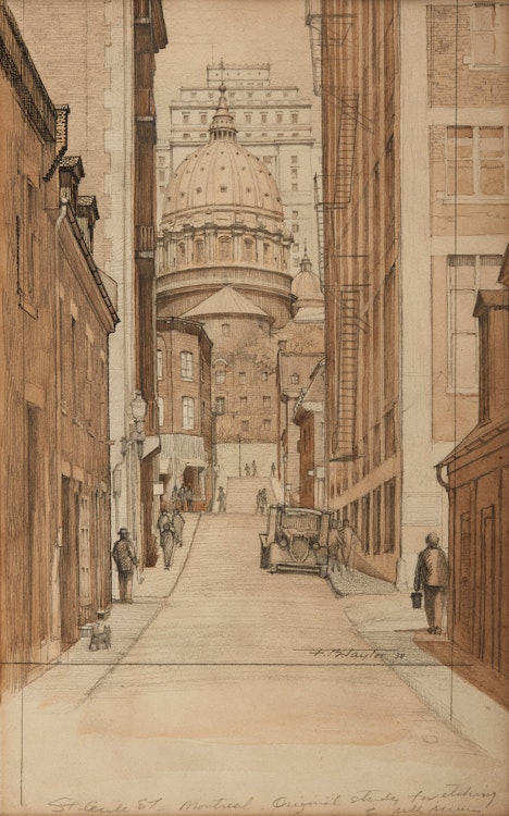Artwork by Frederick Bourchier Taylor, St. Cecile Street, Montreal (Original Study for Etching); St. Cecile Street, Montreal (Etching)